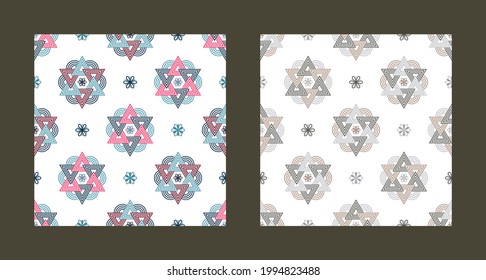 Set of flowers and triangles seamless pattern, dark and light blue on indigo background. Vector line art, for fabric, apparel textile, wrapping paper garment, phone case.