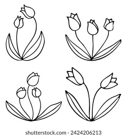 Set of flowers Tulip, leafs, plants. Decorative elements for decoration. Hand drawing doodles of vector vintage botanical elements.  Line art. Botanic outline pencil sketch draw