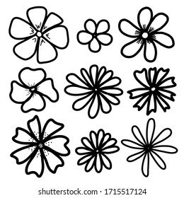 Set of flowers of various shapes and sizes on an isolated white background. Silhouettes of objects. Doodle style, outline, hand-drawn. Concept stock illustration. Print on fabric, wallpaper, icons.