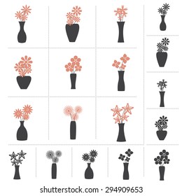 Set of Flowers in Vase Collection, 9 Different Kinds of Flower Vases. 2 Colors and Black Color Design, Vector Illustration.