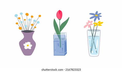 A set of flowers in a vase in the Flat style. A bunch of bouquets. Collection of garden flowers. Glass vase with water. Floral design. Pastel shades of illustration of flowers in vases.