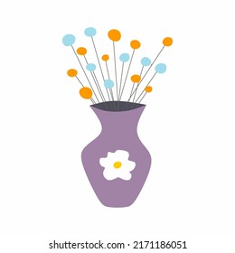 A set of flowers in a vase in the Flat style. A bunch of bouquets. Collection of garden flowers. Glass vase with water. Floral design. Pastel shades of illustration of flowers in vases.