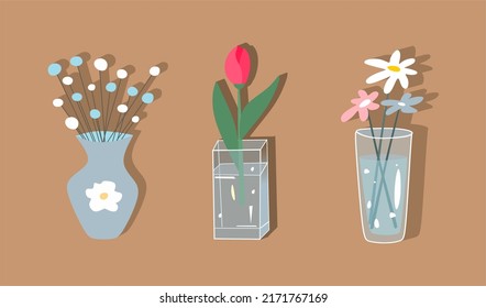 A set of flowers in a vase in the Flat style. A bunch of bouquets. Collection of garden flowers. Glass vase with water. Floral design. Pastel shades of illustration of flowers in vases.