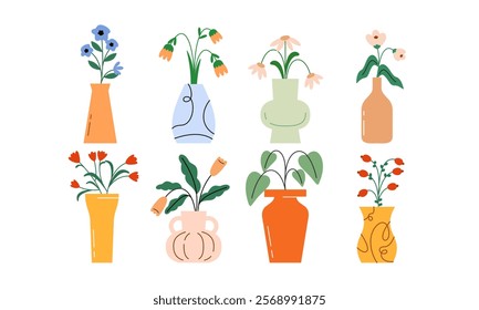 Set of Flowers in Vase Hand Drawn Illustration. Collection of Beautiful Tropical Flowers in Vase Flat Decorative Floral Elements Concept