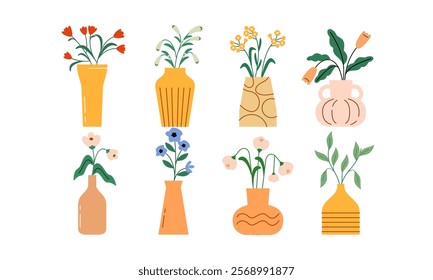 Set of Flowers in Vase Hand Drawn Illustration. Collection of Beautiful Tropical Flowers in Vase Flat Decorative Floral Elements Concept