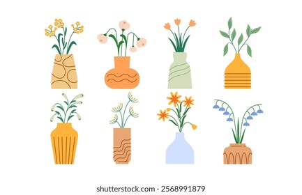 Set of Flowers in Vase Hand Drawn Illustration. Collection of Beautiful Tropical Flowers in Vase Flat Decorative Floral Elements Concept