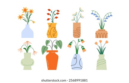 Set of Flowers in Vase Hand Drawn Illustration. Collection of Beautiful Tropical Flowers in Vase Flat Decorative Floral Elements Concept