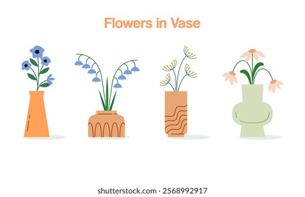 Set of Flowers in Vase Hand Drawn Illustration. Collection of Beautiful Tropical Flowers in Vase Flat Decorative Floral Elements Concept