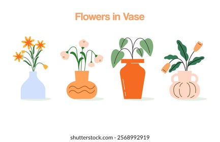 Set of Flowers in Vase Hand Drawn Illustration. Collection of Beautiful Tropical Flowers in Vase Flat Decorative Floral Elements Concept