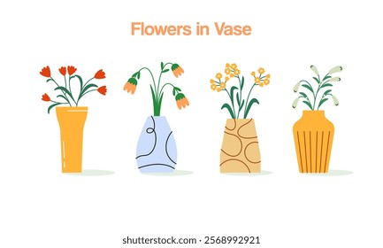 Set of Flowers in Vase Hand Drawn Illustration. Collection of Beautiful Tropical Flowers in Vase Flat Decorative Floral Elements Concept