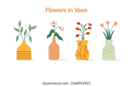 Set of Flowers in Vase Hand Drawn Illustration. Collection of Beautiful Tropical Flowers in Vase Flat Decorative Floral Elements Concept