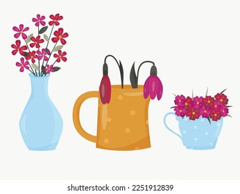 set of flowers in a vase, jug, cup. flat vector illustration