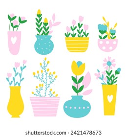 Set  with flowers in a vase. Vector illustrations