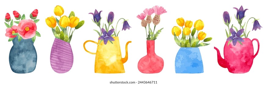 Set of flowers in a vase.Japanese camellia, tulips, bluebell, thistle.Watercolor illustration.Hand drawn simple stylized style. Botanical garden clipart for simple and elegant design. Vector.