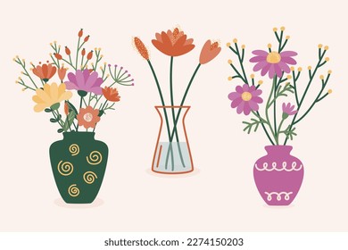 A set of flowers in vases. Bouquets of stylized plants in a flat style. Isolated on a light background. Vector illustration.