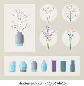 Set of flowers and vases. Cartoon vector illustration. Green home. Elements for interior. 