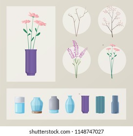 Set of flowers and vases. Cartoon vector illustration. Green home. Elements for interior. 