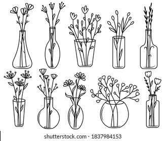 Set of flowers in vases. Collection of beautiful field and garden flowers in jars. A bunch of bouquets. Linear art. Vector illustration of design of decorative plant elements.