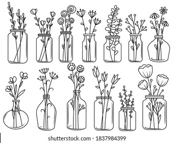 Set of flowers in vases. Collection of beautiful field and garden flowers in jars. A bunch of bouquets. Linear art. Vector illustration of design of decorative plant elements.