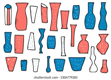 Set of flowers vases in doodle style. Vector illustration. 