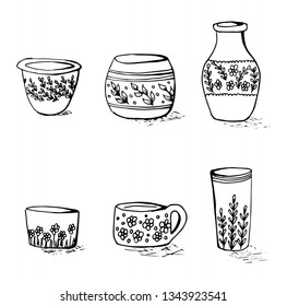 Set of flowers vases in doodle style. Vector sketch black and white design illustration.