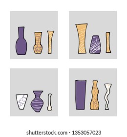 Set of flowers vases in doodle style. Vector illustration. 