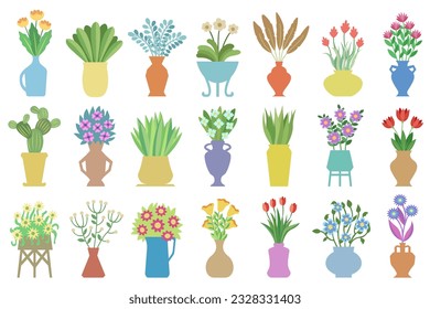 Set of flowers in vases. Flat vector illustrations of house plants, flowers, leaves in a vases. Flower bouquets in vase set. Blooming floral plants, bunches, in glass and ceramic pitchers.