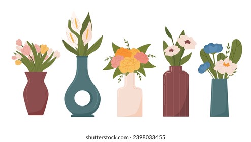 Set of flowers in vases. Jugs with bloom and blossom plants, bouquets. Elegance and aesthetics. Romantic presents and gifts. Cartoon flat vector collection isolated on white background