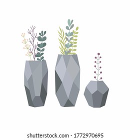 Set of flowers in vases. Stylish vase with plants