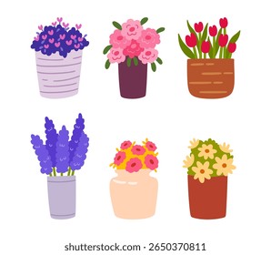 Set of flowers in vases vector illustration. Beautiful various kind of bouquets. Summer and spring floral shop for flat design on valentine, mother or woman’s day.