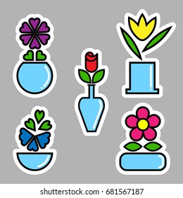 Set of flowers in vases. Vector illustration for sticker, label or price tag