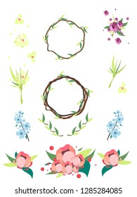 Set flowers. Vector flowers. Festive set, wreath, flowers.