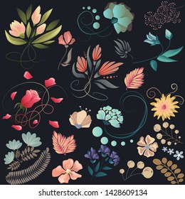 Set of flowers in vector. Floral design in vintage colors.