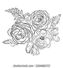 
Un juego de flores. Dibujo y dibujo de flores vectoriales con arte en línea en blanco y negro.