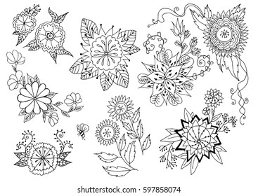 A set of flowers. Vector illustration. Outline hand drawn contours