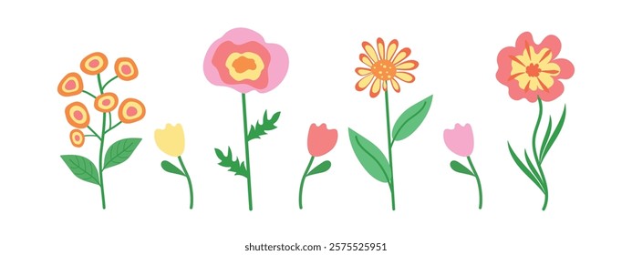 Set of flowers. Vector illustration of various abstract flowers, tulips, branch with flowers and leaves. Set of floristic icons