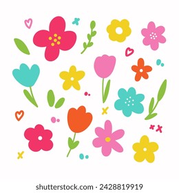Set of Flowers vector illustrations isolated on white background. Cute simple cartoon floral elements for spring or summer design.