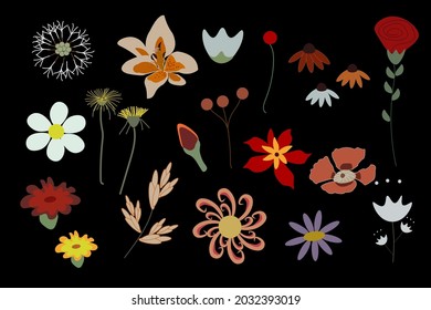 Set of Flowers vector ilustration on black background.Editable,great for stikers or any prnts.