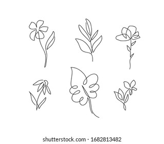 Set of flowers vector one line art logo. Minimalist contour drawing monoline. Continuous line artwork for banner, book design, web illustration.
