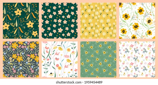 Set of Flowers Vector Seamless Pattern. Ditsy style. Pattern for fashion and print. 