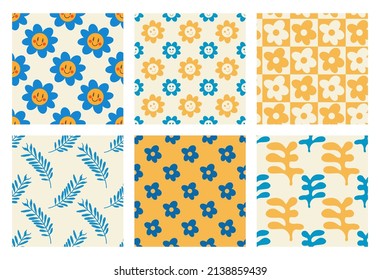 Set of flowers vector seamless pattern. Children's style. Pattern for fashion and print. Hand drawn, flat design, cartoon. All elements are isolated.