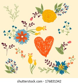 set of flowers in vintage style to create compositions