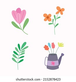 conjunto de flores y lata de agua