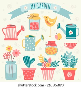 Set with flowers, watering can and jam. Gardening.