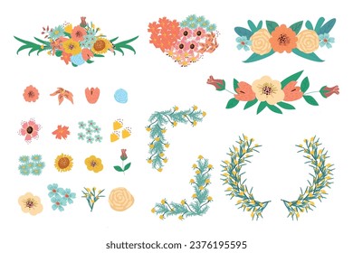 set of flowers and wreath frames for card design, wildflowers and garden flowers hand drawn illustration set. Pink and peach floral elements. 