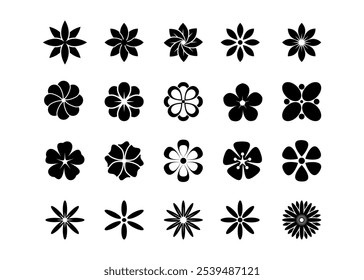 Set of flower-shaped icons with various symmetrical petal designs. Each icon is unique, showcasing different arrangements and styles, ideal for logos, patterns, or decorative elements.
