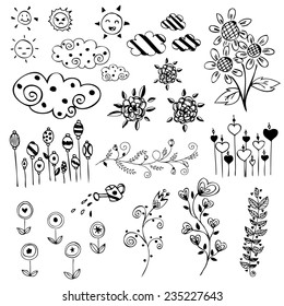 set of flower,sun and clouds sketch vector