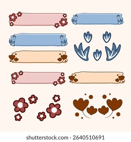 A set of flower-themed banners with different colors and designs. Some of the banners have flowers on them, while others have leaves