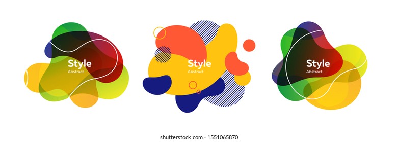 Set of flowing abstract compositions. Geometric colored forms and lines. Gradient abstract banners with flowing liquid shapes. Trendy design for banners, flyers, presentation slides