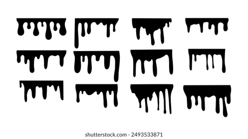 Set of flowing black paints on a white background. Falling like a drop. Flowable and adhesive base. Grunge texture. Shapes and elements for design. Isolated. Painting symbol. Drip background